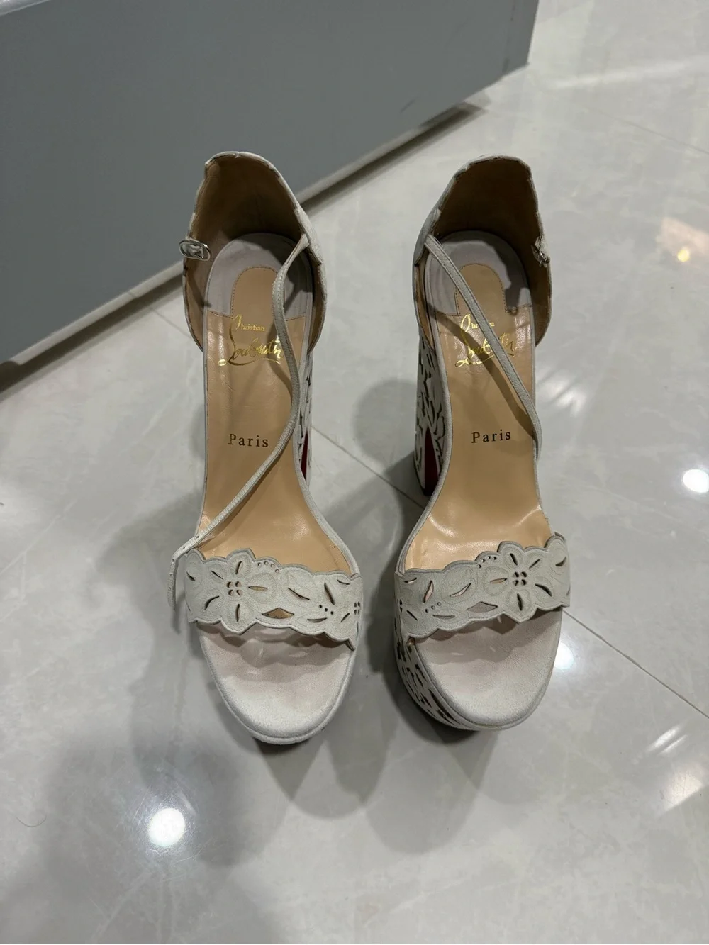 Christian Louboutin White Floral Cutout Platform Sandals